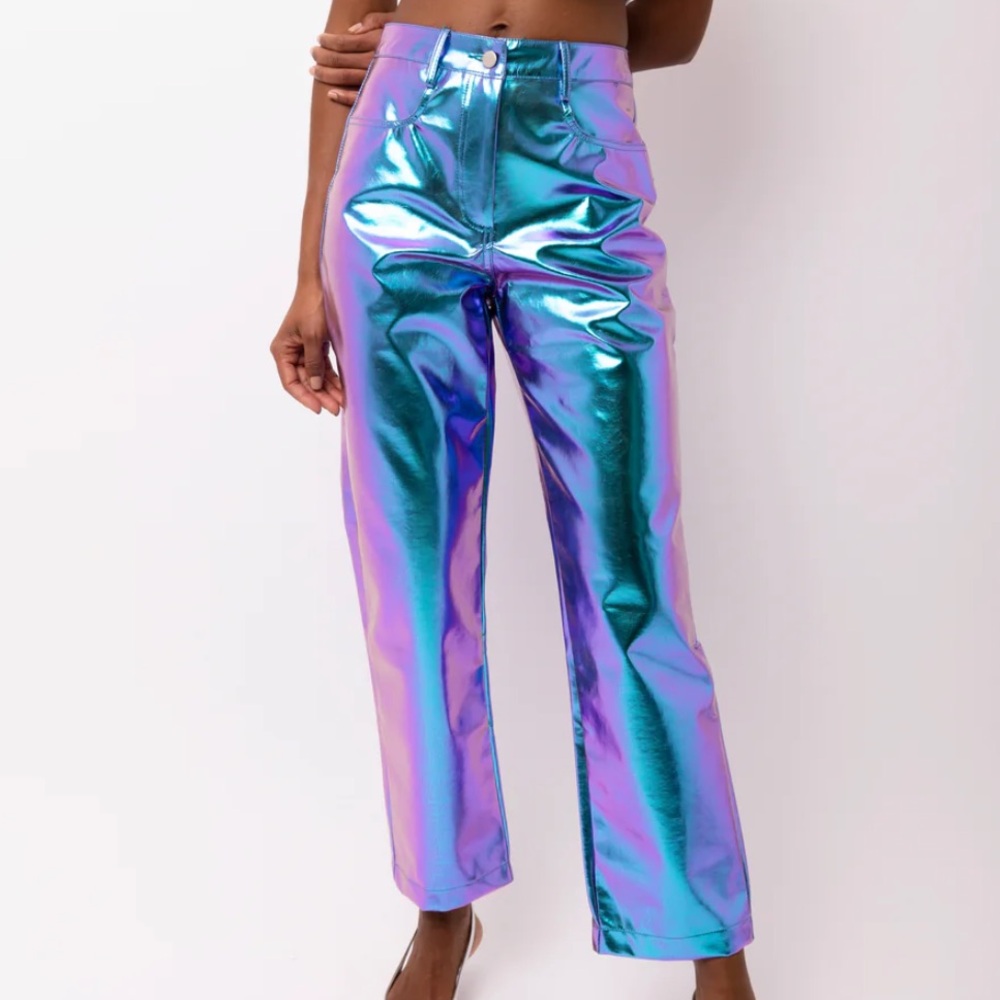 Amy Lynn “Space Neon Silver Metallic” Holographic Pants – Straight Leg